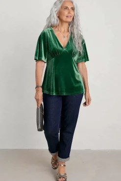 Seasalt Cornwall Tops<Capsule V-Neck Velvet Top Evergreen