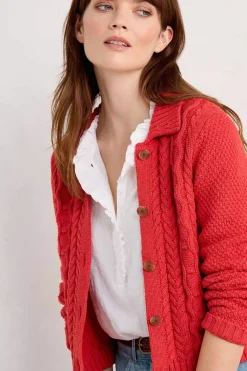 Seasalt Cornwall Knitwear<Forest Ridge Cable Knit Collared Cardigan Tomato