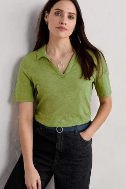 Seasalt Cornwall Tops<Owles Point Short Sleeve V-Neck Jersey Shirt Dill