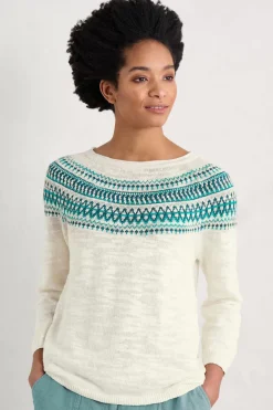 Seasalt Cornwall Knitwear<Penvoose Three Quarter Sleeve Fair Isle Jumper Clipper Ship Ecru Helford