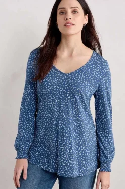Seasalt Cornwall Tops<Rosehip Jersey V-Neck Top Ditsy Sprig Blue Jay