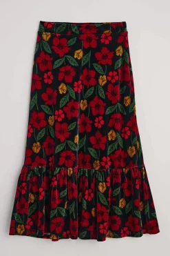 Seasalt Cornwall Skirts<Wildflower Tiered Velvet Maxi Skirt Collaged Rose Onyx Carmine